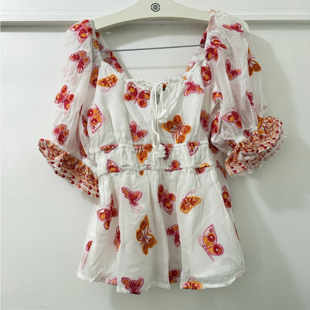 Hale Bob White Blouse with Pink and Orange Butterfly Print